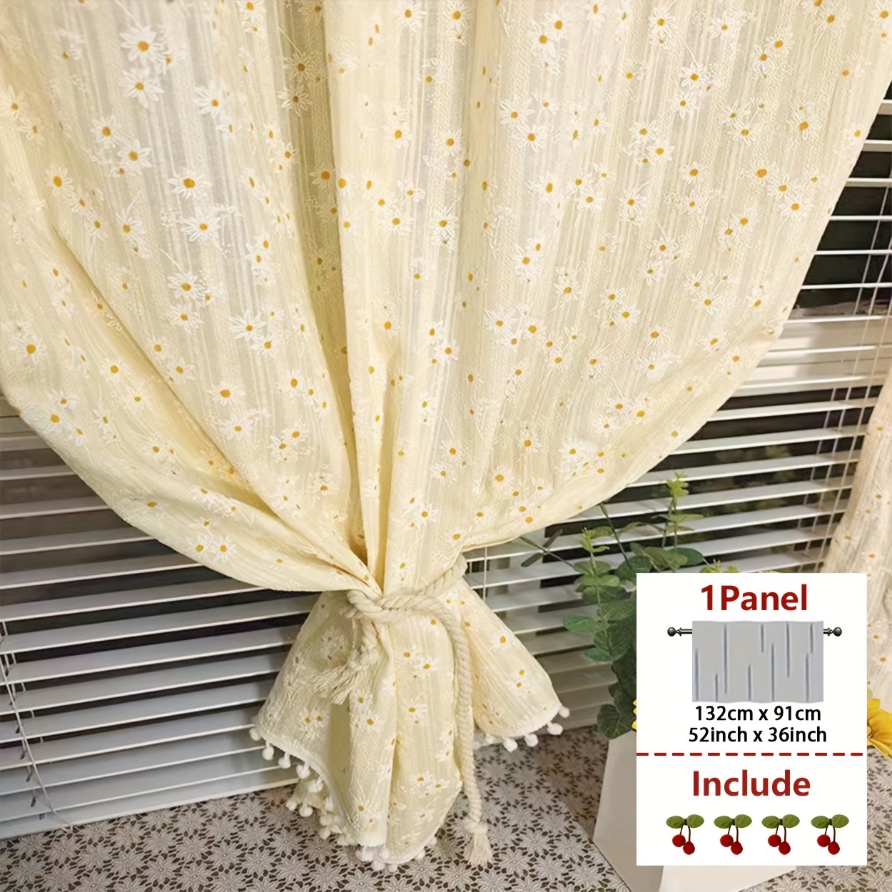 1pc Romantic Daisy Pompom Short Valance, Rod Pocket Installation, Jacquard Fabric, Suitable For Bay Window Partition Decoration Short Curtain, Bedroom Balcony Curtain