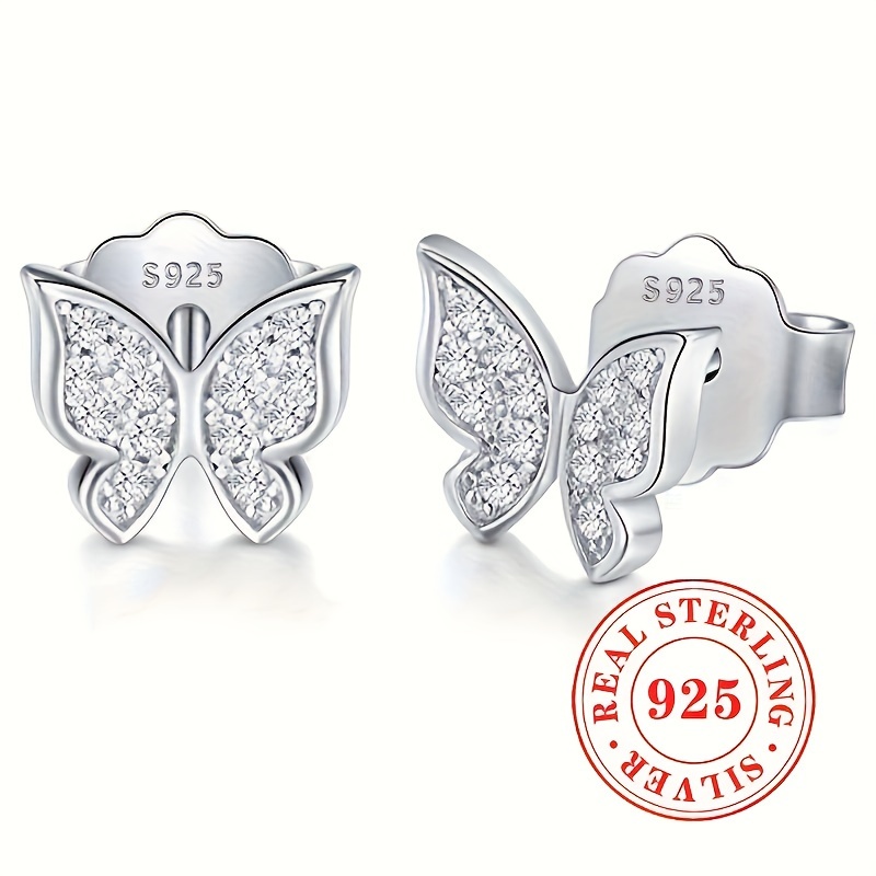 

Pretty 925 Sterling Silver Hypoallergenic Butterfly Shaped Stud Earrings Zirconia Inlaid Elegant Luxury Style Dating Wedding Ear Decor