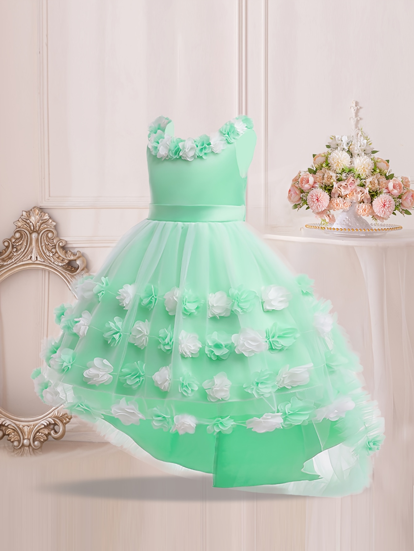 girls' sleeveless floral applique princess dress mint green Temu