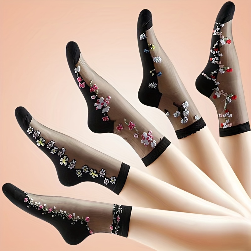 

5 Pairs Ultra-thin Lace Mesh Socks, Lightweight & Breathable Sheer Mid Tube Socks, Women's Stockings & Hosiery