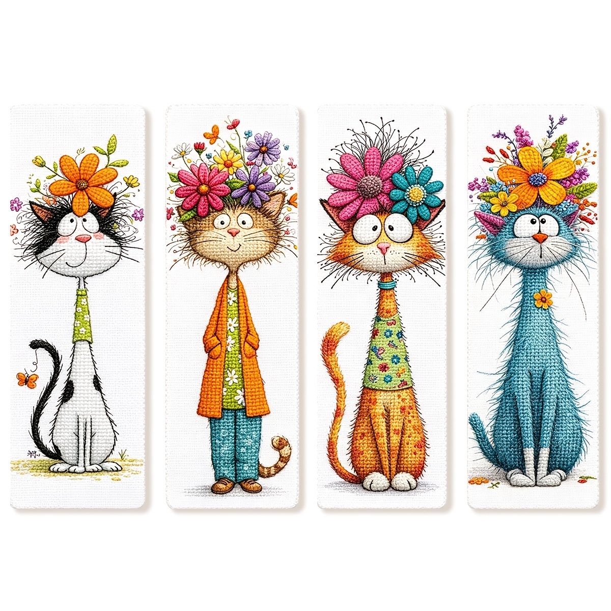 TEMU 11-carat Printed Cross- Bookmark Set Long-neck Cartoon Cat Theme Embroidery Material Bag Beginner-friendly Stress Relief Bookmark Book Lovers
