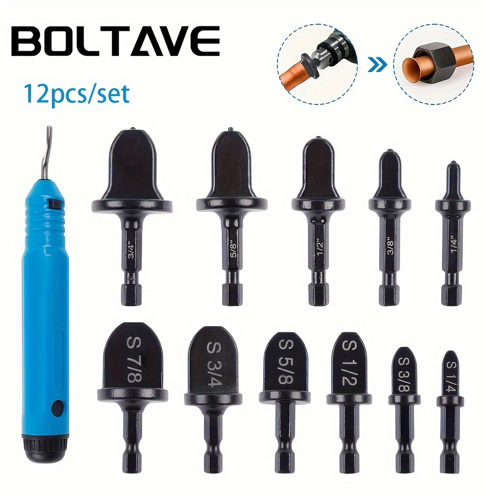 

12pcs Boltave Deburring Tool Set And Manual Pipe Expander Drill Bits, Steel, For Plastic, Metal, Wood Removal, Air Conditioning Copper Tube Expansion Tool Kit, No Battery Required