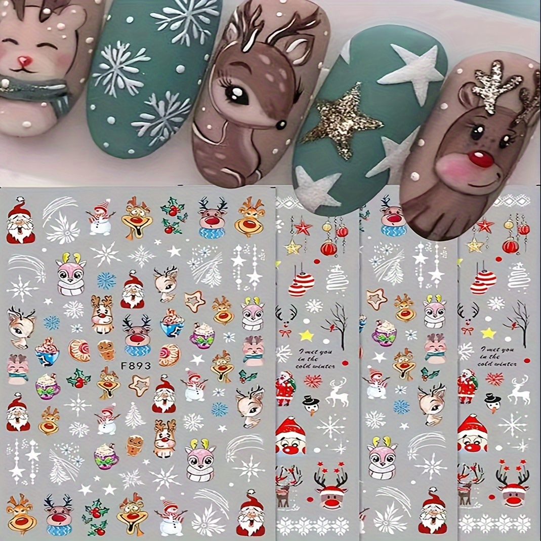 

4- Cartoon Christmas Nail Art Decals With Santa, Reindeer & Snowflakes, Self-adhesive Plastic Embellished Embellishments, Glossy Finish, Oblong Shape For Manicure & Holiday Nail Decor