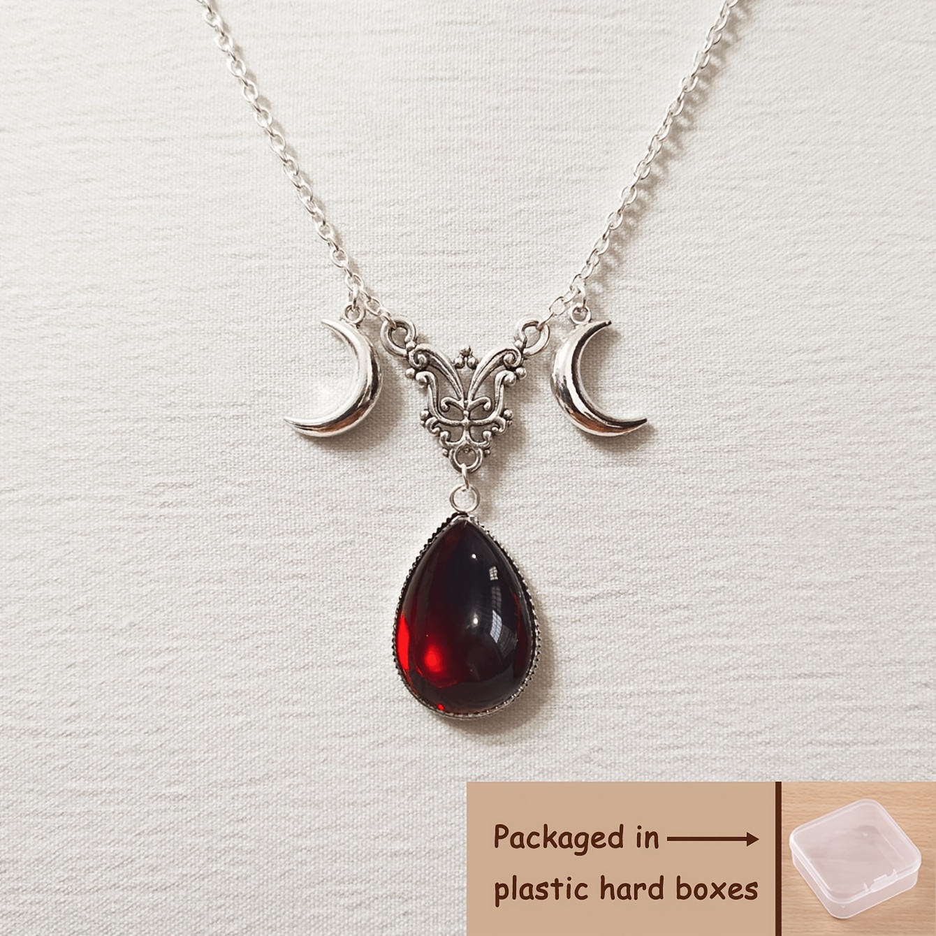TEMU Crescent Necklace, Gothic Retro, Alloy Inlaid Stone, Triple Pendant, Red Moon Style, Personalized Versatile Accessory, Shiny Elegant Pendant
