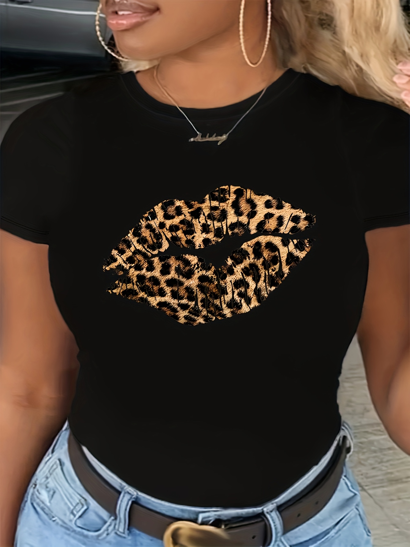 womens leopard lips print t shirt black golden casual short Temu
