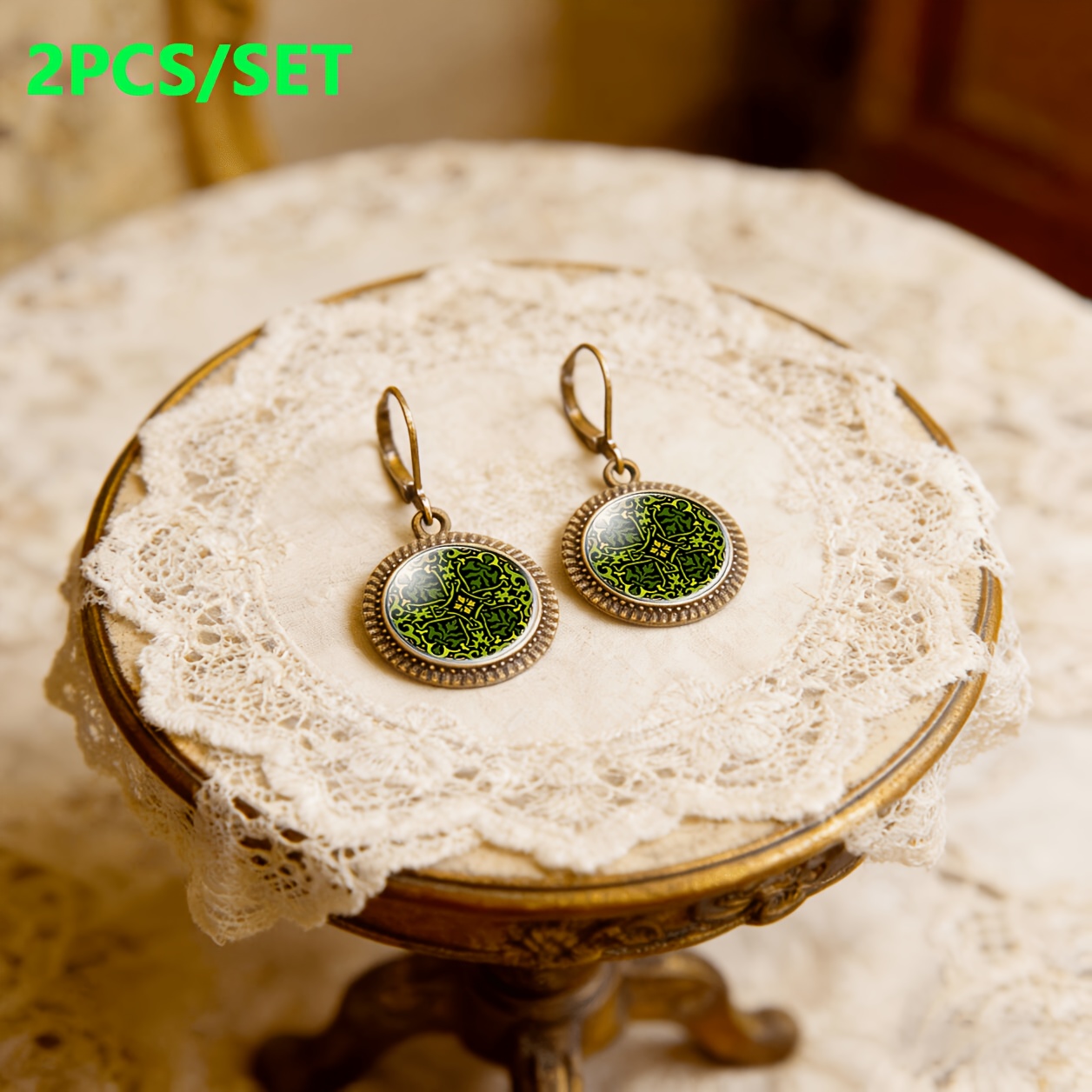 2pc Cyan Floral Design Pendant Earrings Set