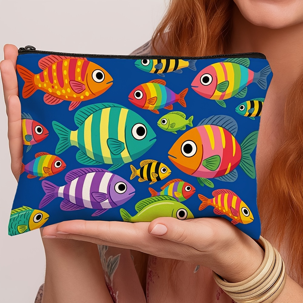 TEMU 1pc, Material: 1 Colorful Fish Tropical Makeup Bag - Fish Pattern Zipper Multi-functional Travel Toiletry Organizer Bag With Design, Portable