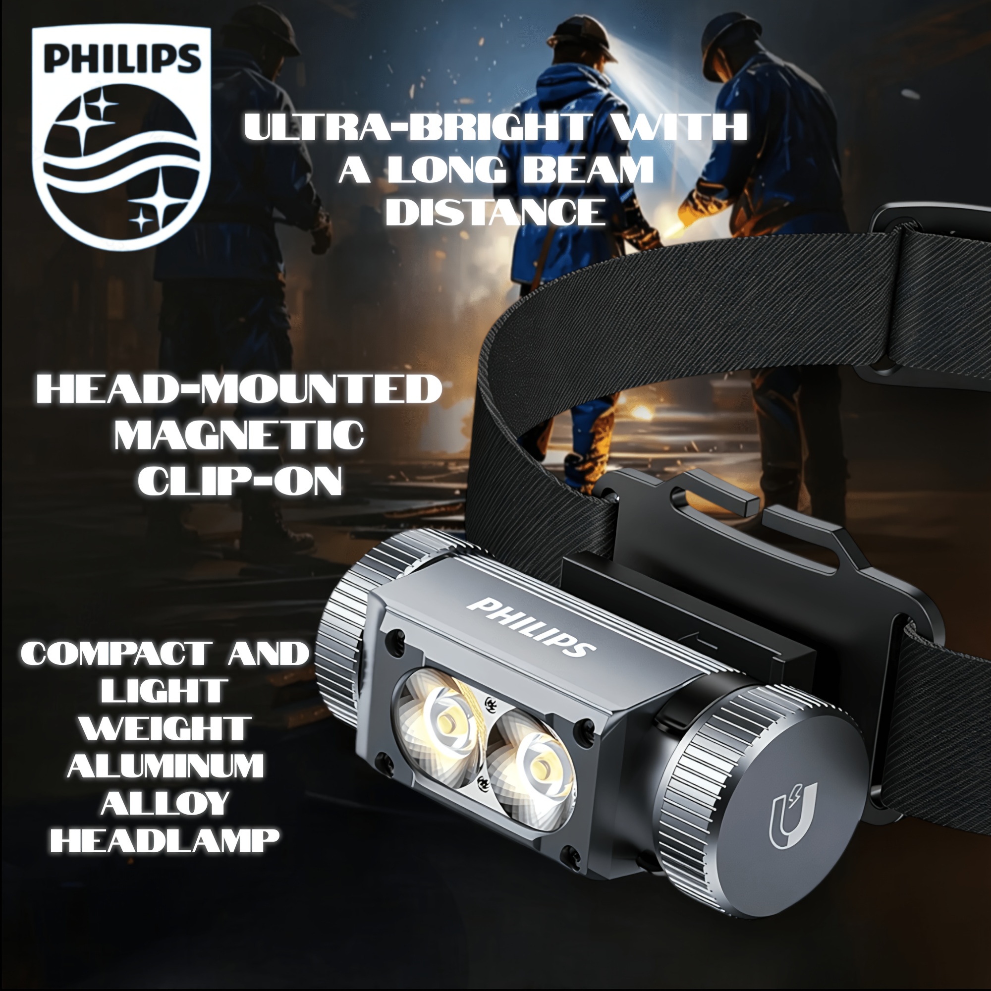 TEMU Lampe Frontale Portable Philips (Avec Clip/ de Cheveux/Attache Magnétique) : Double Source Lumineuse, 5 , Ultra-Légère, Angle d'Inclinaison de