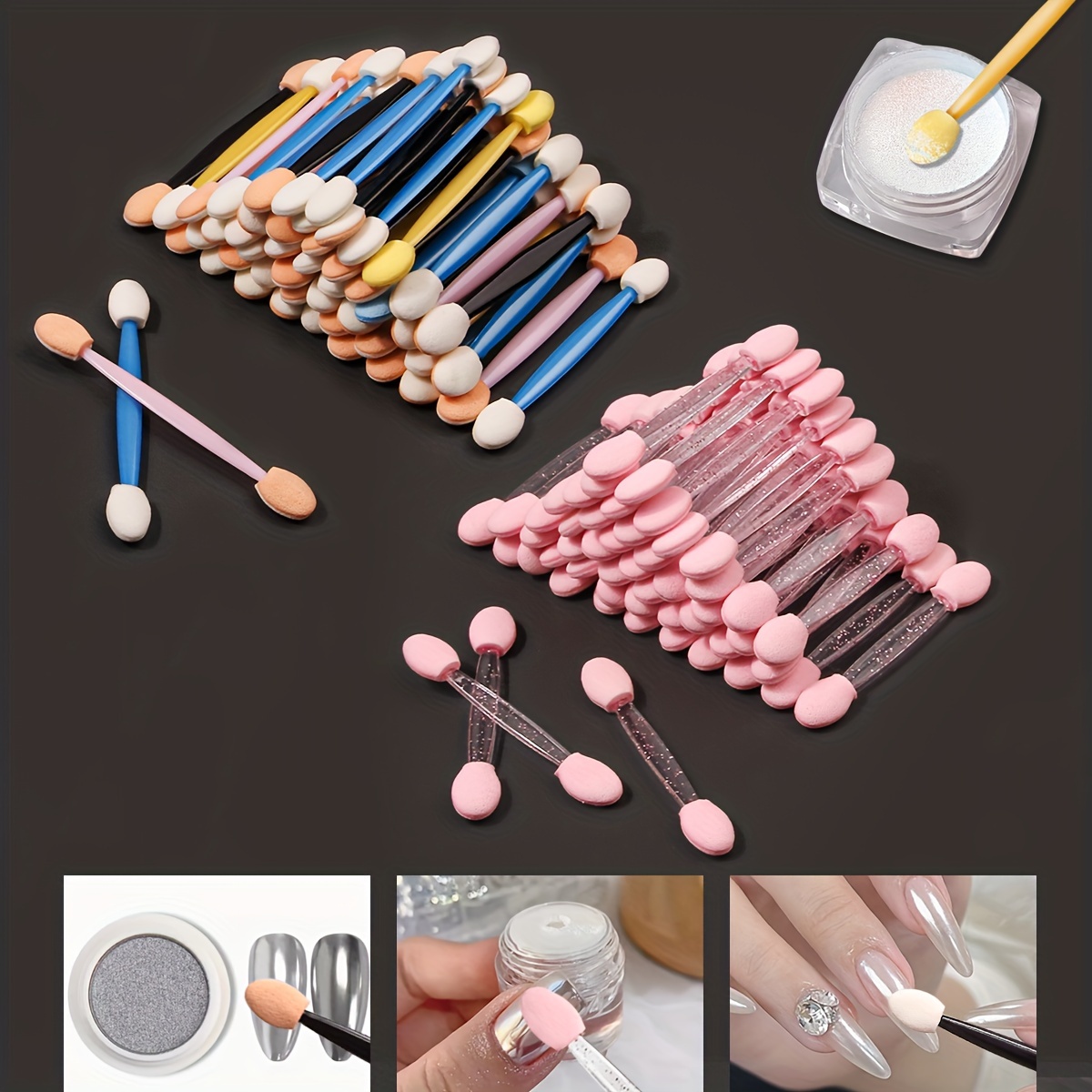 

100pcs Dual-ended Nail Art Brushes - , & Mermaid Powder With Sponge Tips For Gradient Effects, Nylon