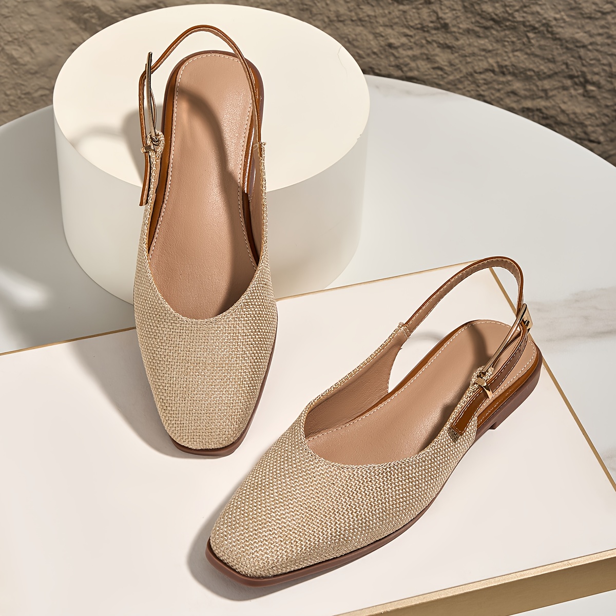 womens elegant beige linen moccasin   toe sandals with   closure breathable pu cover lining arch support beige tpu sole casual to formal shoes for summer office semi formal events comfortable durable everyday dress shoes light beige woven upper with back strap metal   soft pu insole tpu outsole for all day wear low heel sandals for women comfortable womens sandals elegant sandals for women elegant classy shoes for women plus size Product details 0