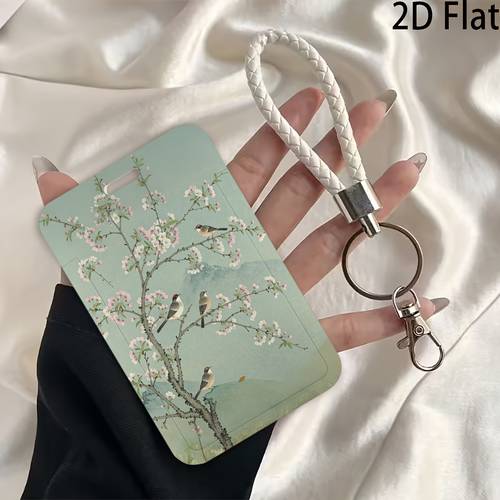 Płaski etui 2D z kreskówkowym motywem, 1 , ze smyczą, delikatne kwiatowe gałązki, ptaki, subtelny krajobraz, odpowiednie do kart identyfikacyjnych studentów, kart ID, kart bankowych, kart do restauracji, kart do transportu publicznego, kart metra