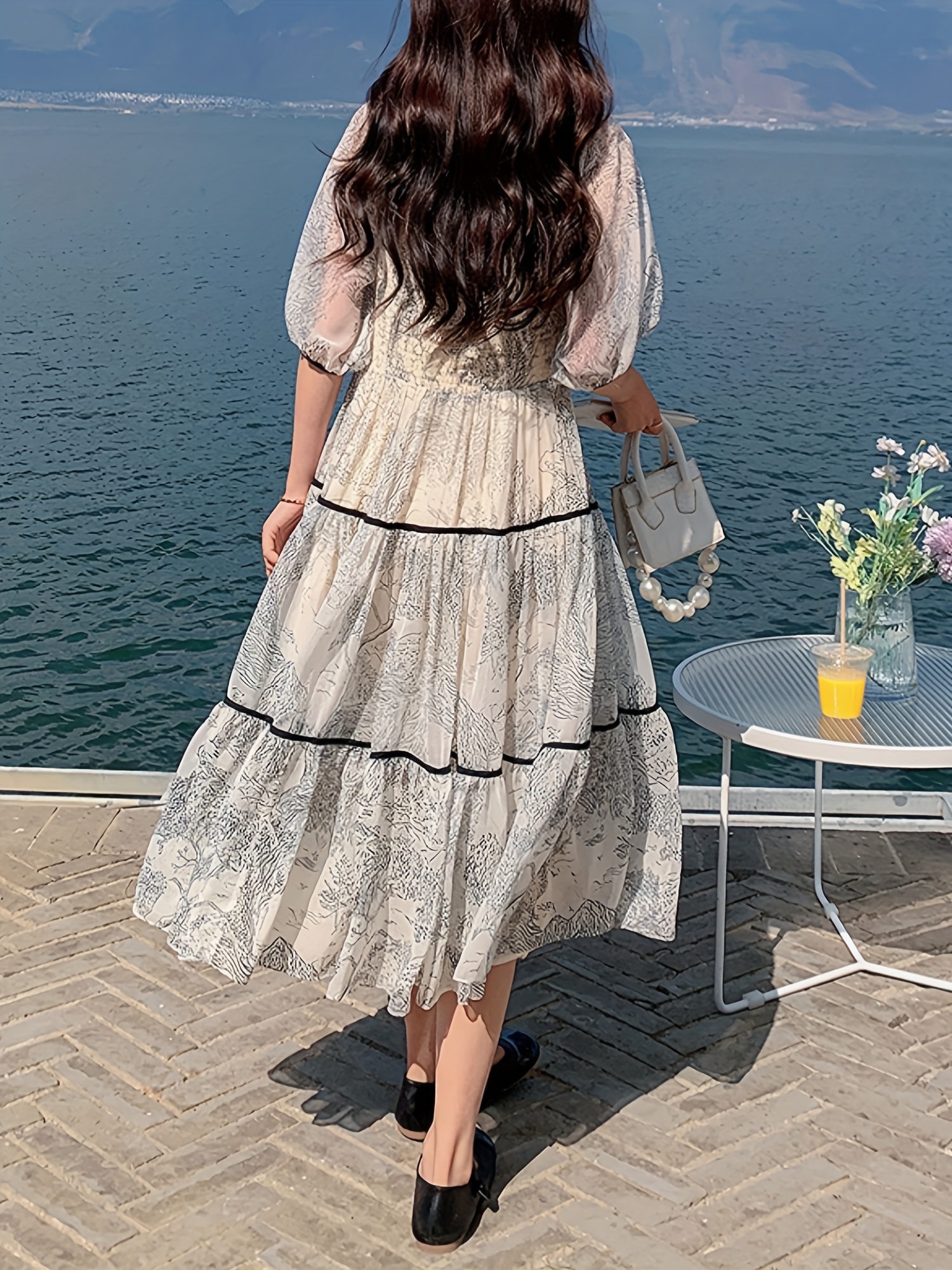 Women's Summer Floral Landscape Neck Dress A-Line Long Dress with  Lantern Sleeves, Net Panel Flared Hem, Machine Washable Beach Vacation