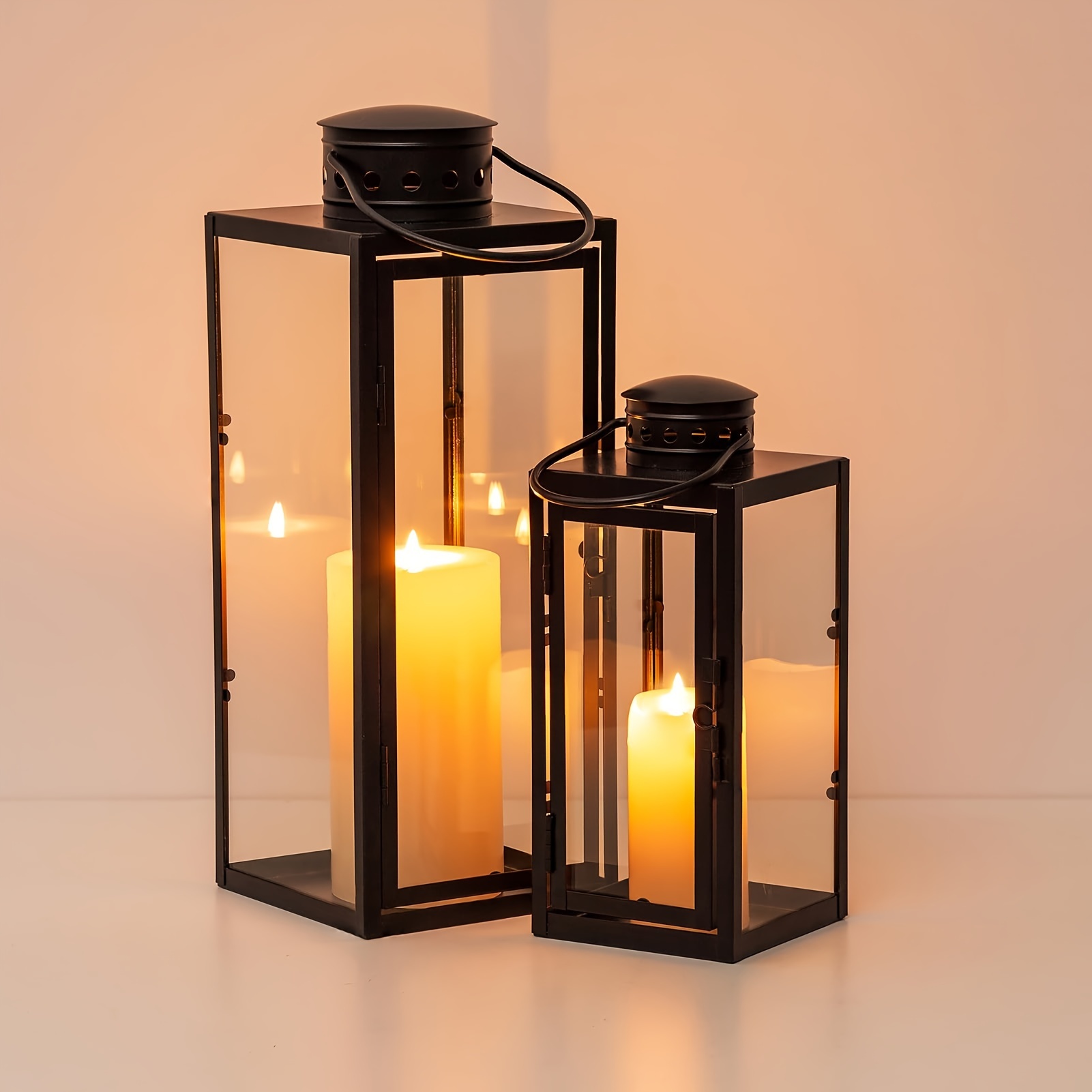 TEMU 2pcs Lanterns Decorative Indoor Black: 9.5 & 13.8 Inch Tall Wedding Hurricane Lantern With Glass Panel Modern Iron Candle Holders For Christmas