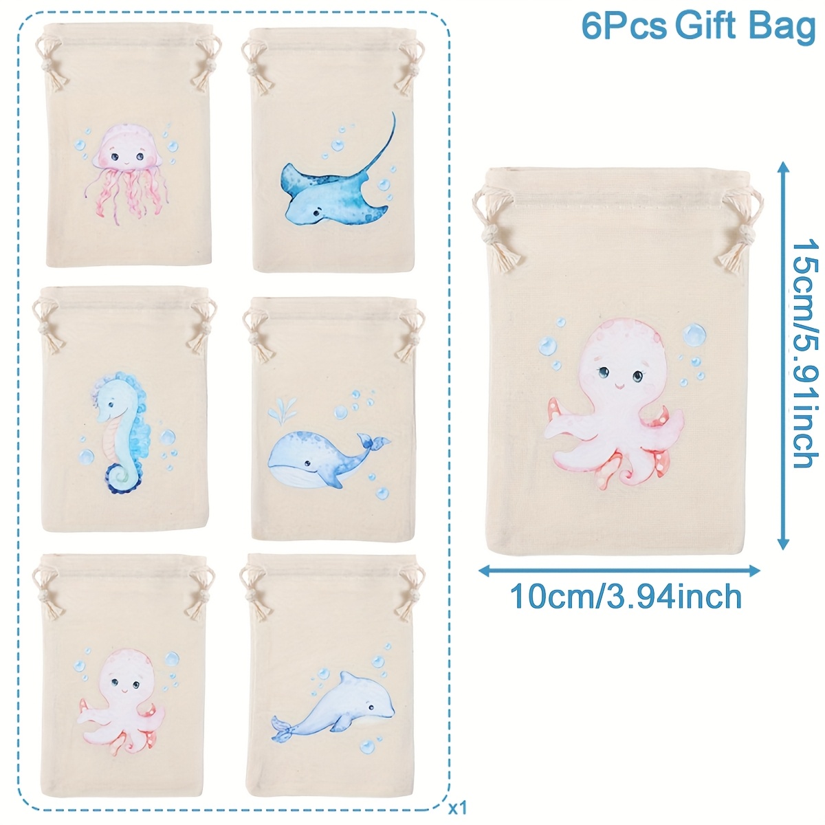 E-shop Geschenk für Sie/Ihn 6 Stück, Unterwasser-Tier-Zugbeutel, Hai-Wal-Quallen-Muster Geschenktaschen, Happy Birthday Party Geschenktasche, Baby