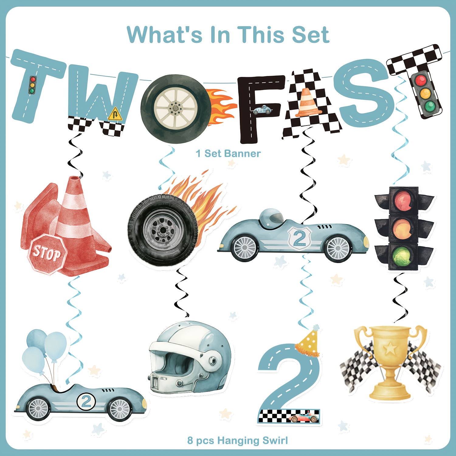 Image of 23pcs, Racing Birthday Party Decorations, Second Racing Birthday Party Banner And Hanging Ornaments, Racing Birthday Party Supplies, Blue Racing Party Decorations, 2 Fast Birthday Party Decorations