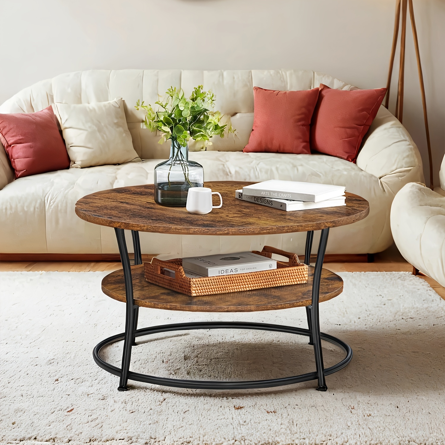 E-shop Runder Couchtisch mit Ablage, Wohnzimmertisch, Metall, Industrialdesign, Vintage Braun-Tinte Schwarz