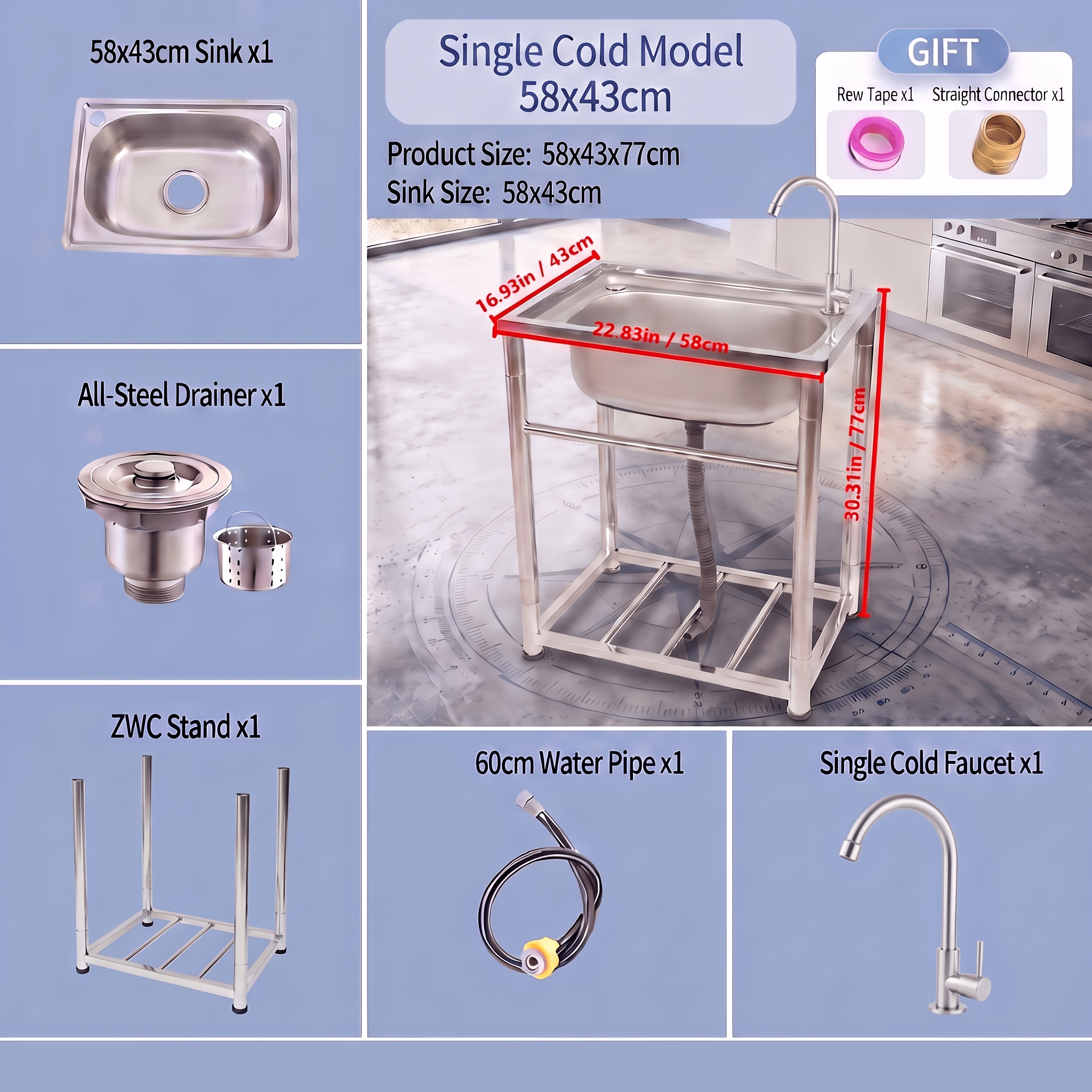 Image of 22.83 X 16.93in Thickened Sus304 Stainless Steel Outdoor Sink Courtyard Vegetable Washing Pool With Floor Stand Outdoor Garden Hand Washing Station Balcony Laundry Pool Bbq Single Slot Sink