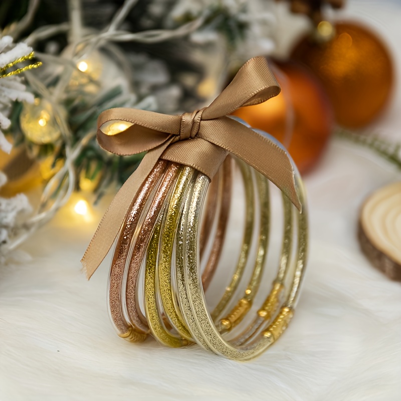 

6pcs/set Glitter Jelly Bangle With Ribbon Bowknot For Party Festive Christmas Decor Silicone Bracelet