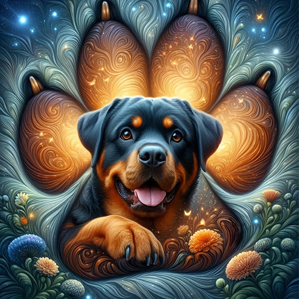 

Kit de peinture en diamant 5D - Thème animal Chien Rottweiler | 40cm x 40cm Broderie complète en acrylique ronde Art de diamant de luxe | Décoration murale DIY artisanale