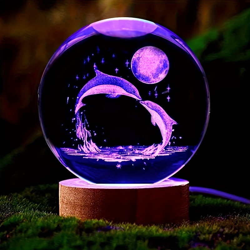 

1pc 3d Dolphin Moon Crystal Ball Night Light, For Wife Friends Birthday Gift 3d Laser Etched Ocean Animal Indoor Statue Light Decoration Eid Al-adha Mubarak