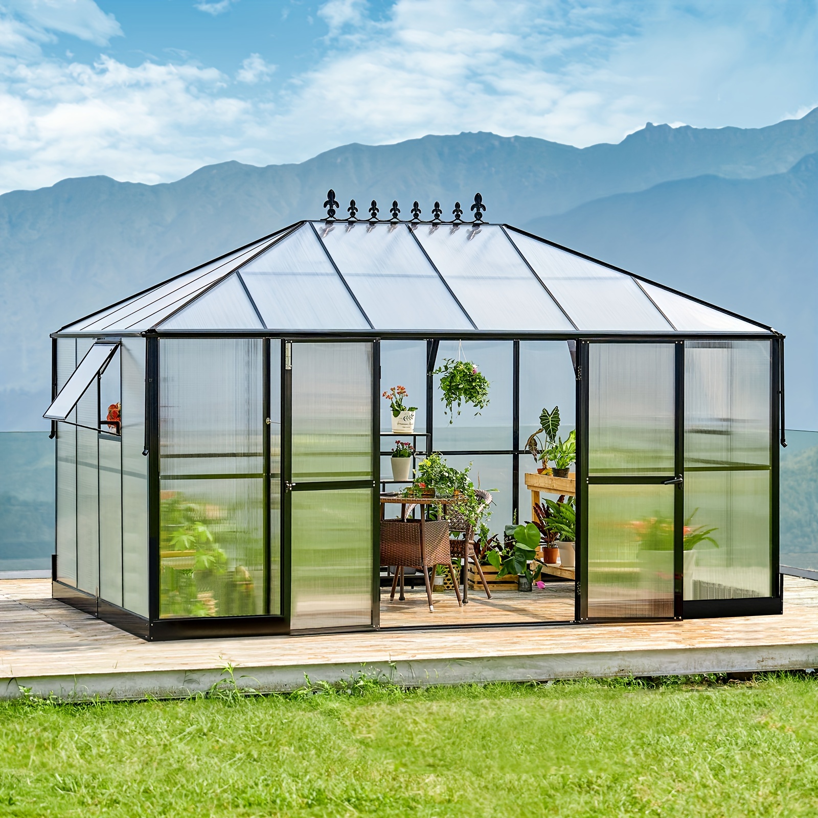 

Black Aluminum Greenhouse Polycarbonate Panels, 2 Vents, Double Swing Doors, 6ft Wall Height Extension Spacious Winter Sunroom For Outdoor Gardening