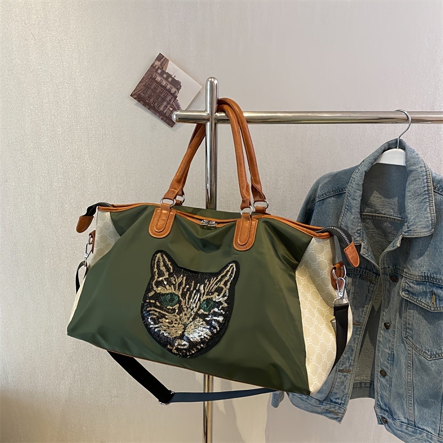 large capacity sequins cat pattern luggage handbag versatile portable duffle bag short distance zipper storage bag details 0