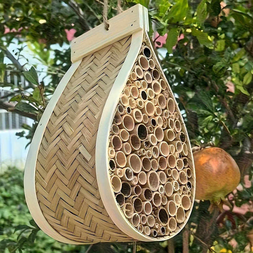 Image of Water Drop-shaped Wooden Bee House, Bamboo-woven Honeycomb Design, Efficient In Attracting Pollinating Bees, For Outdoor Gardens, Bee Hives, Beekeeping Equipment