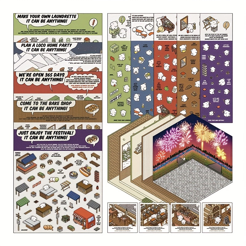 

3d Pop- Sticker Set - Cartoon Urban With Bakery, Home Party, Supermarket, & Laundromat Designs - Glitter Crystal Embellishments, Reusable Paper Stickers For Craft & Relaxation