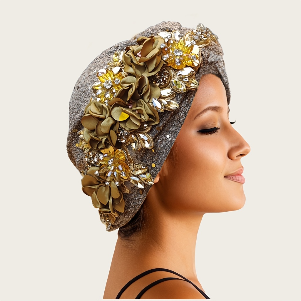 middle eastern turban hat sequined floral embellished fabric  display picture 2
