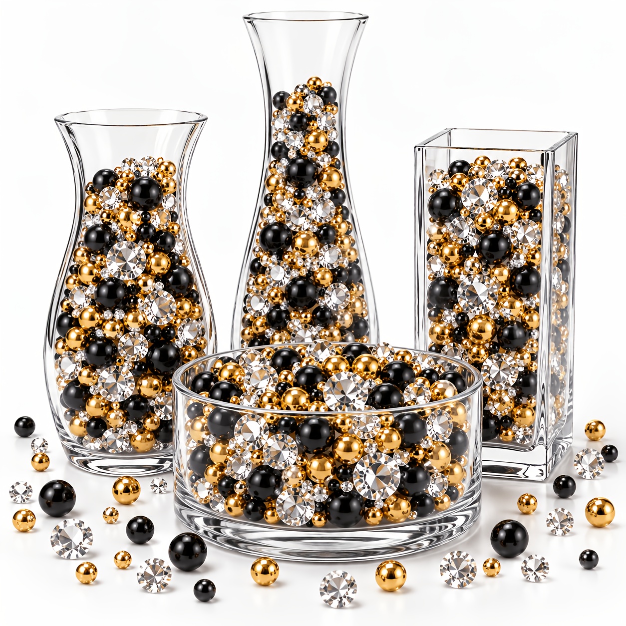 TEMU 1050pcs Fake Diamonds & Pearls Beads - Sparkling Suitable For Vase Fillers, Wedding & Christmas Decorations, Black And Golden Centerpieces For