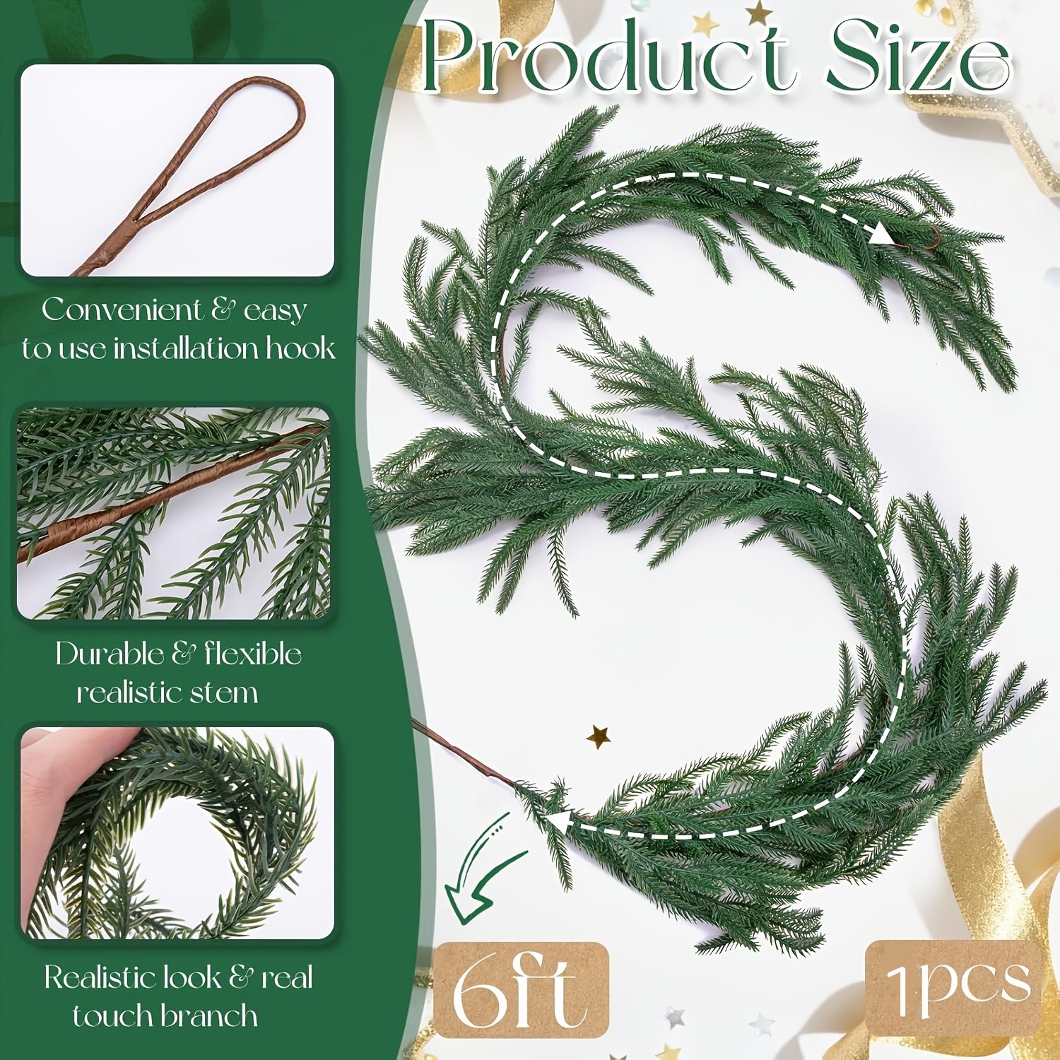 Image of Artificial Norfolk Pine Garland, 2pcs 6ft Real Touch Faux Greenery, Evergreen Pine Garland For Mantle, Table, Fireplace, Wall, Stairs, Indoor Outdoor Home Decor, Rustic Decoration