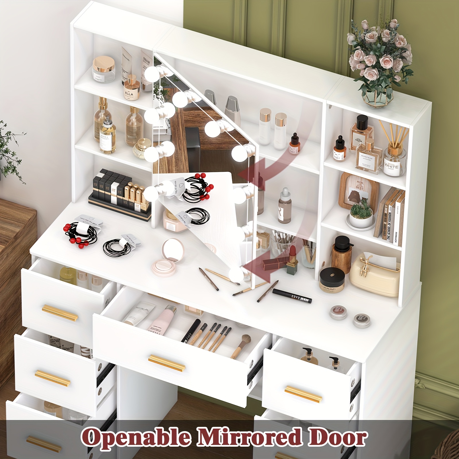 modern white solid wood dresser with drawers illuminated vanity     adjustable lighting   large capacity storage functional fashion dresser for ladies   for birthday gifts   local warehous Product details 2