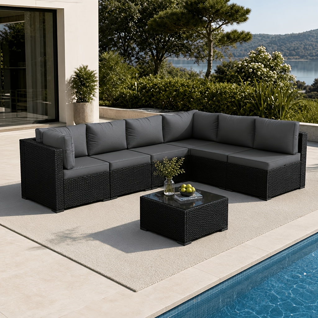 TEMU Ensemble de mobilier de patio d'extérieur SONEGRA 7 pièces, canapé d'angle sectionnel en osier de rotin noir/marron avec coussins épais, table
