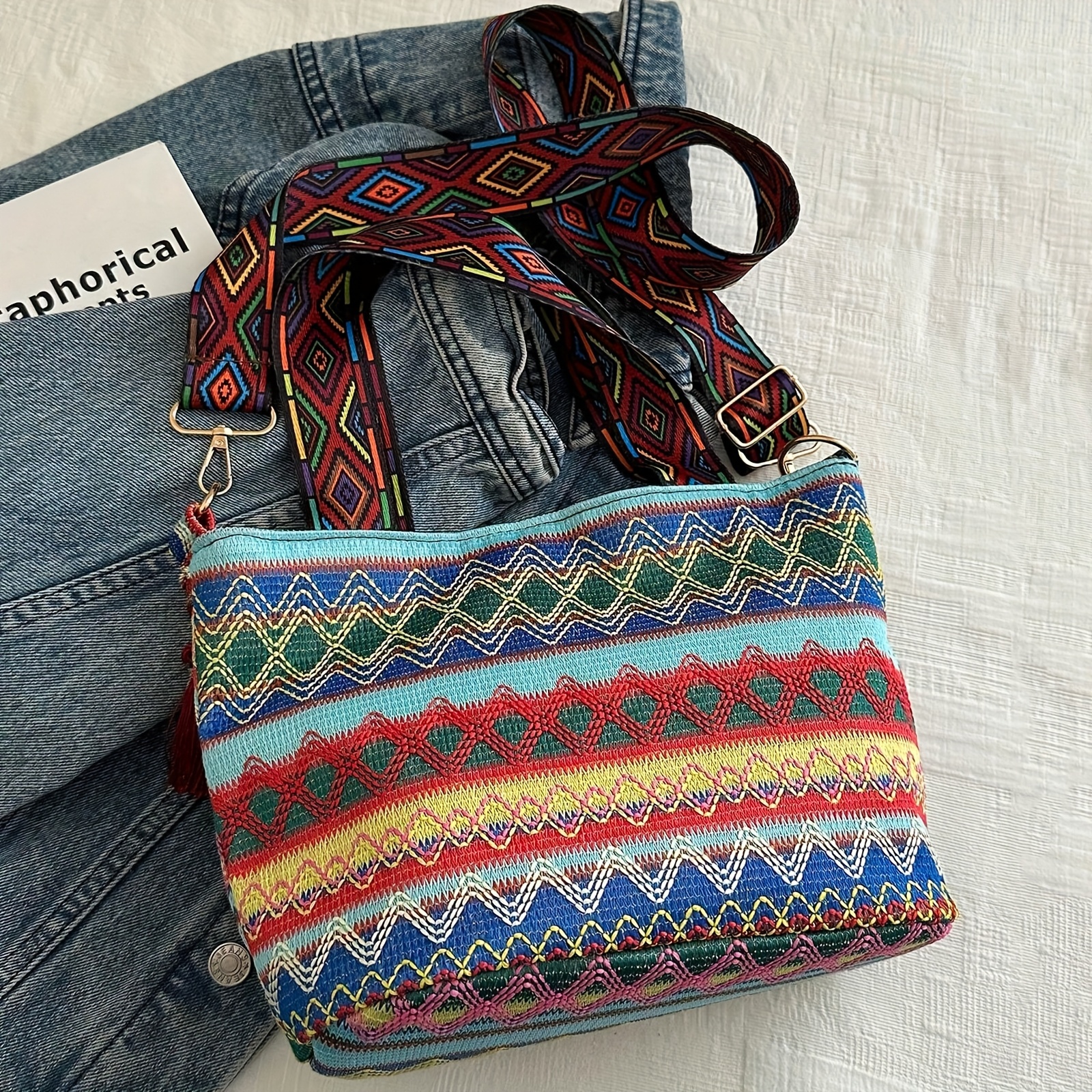 boho chic woven fringe bucket bag vibrant geometric - Temu  display picture 3