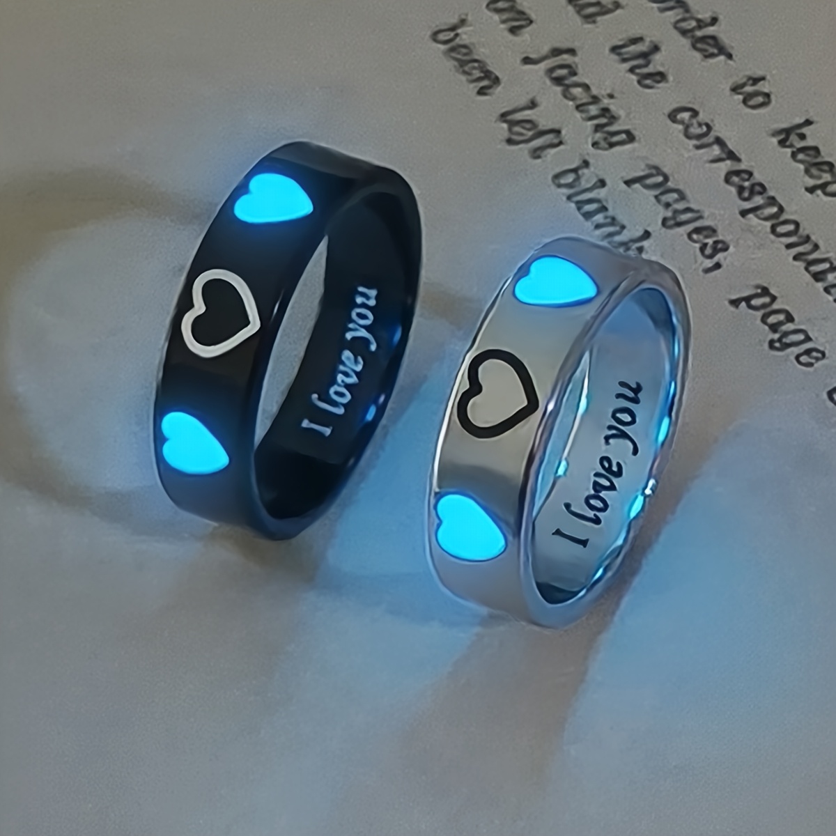 TEMU 2pcs Luminous Heart Couple Matching Rings Suitable For , I Love You Promise Bands With Luminous, Minimalist Wedding/valentine's Gift, Wearable