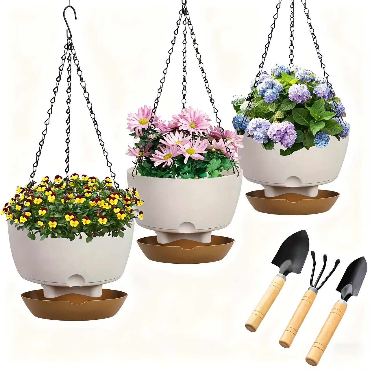 TEMU Set Of 3, 8-inch Hanging Pots Designed For Indoor And Outdoor Plants, Featuring Drainage Holes, Chains, And Removable Trays, Decorating Gardens,