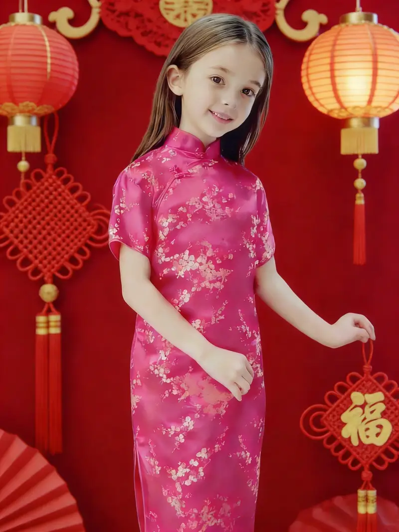 Lunar New Year Girls' Qipao, Vibrant Color Dress, Beautiful Spring Festival Greeting Outfit, Chinese Size, Please Check The Size Guide * Lunar New Year Girls' Qipao, Vibrant Color Dress, Beautiful Spring Festival Greeting Outfit, Chinese Size, Please Check The Size Guide *