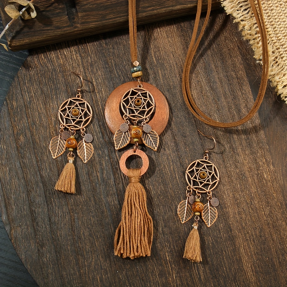 TEMU 3pcs Vintage Ethnic Style Super Long Double Layer Pendant Necklace And Lightweight Drop Earrings Brown Jewelry Set, Elegant And Sexy Additions