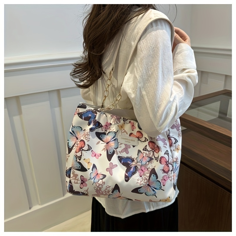 

[ Build] Print Tote Bag - Stylish Large Capacity Shoulder Bag With Detachable Strap, Zip Closure, And Polyester Lining For Women, White