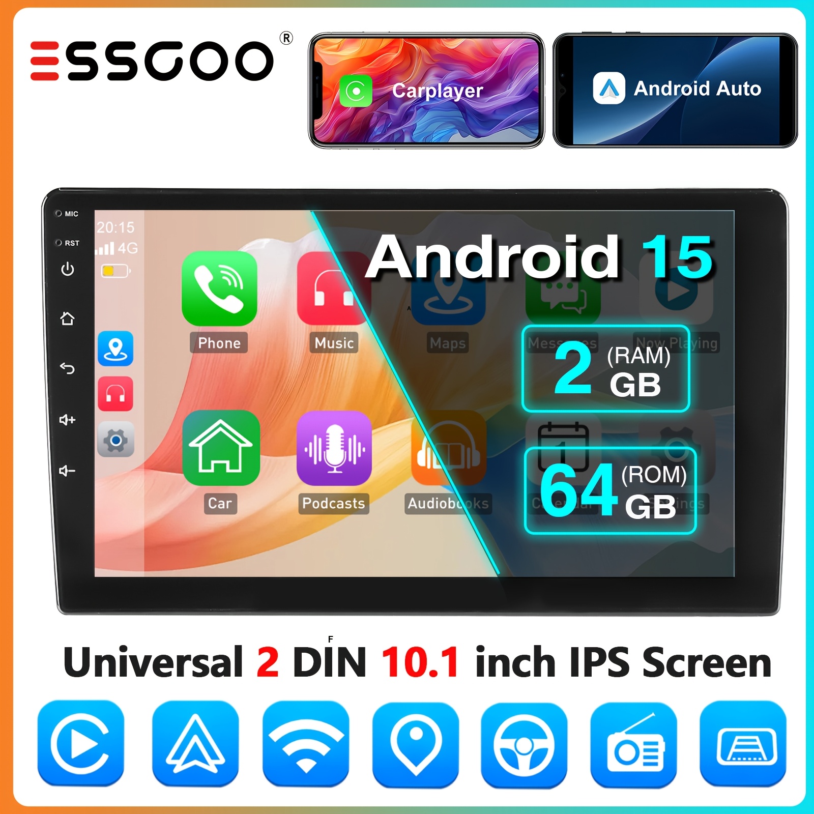 Essgoo 10.1-inch 15 Car Stereo Radio Featuring Auto And , Equipped With Wifi, Fm/rds, 2gb , And 64gb Rom. This Player For Vehicles Includes A Dashboard Display, Usb Swc