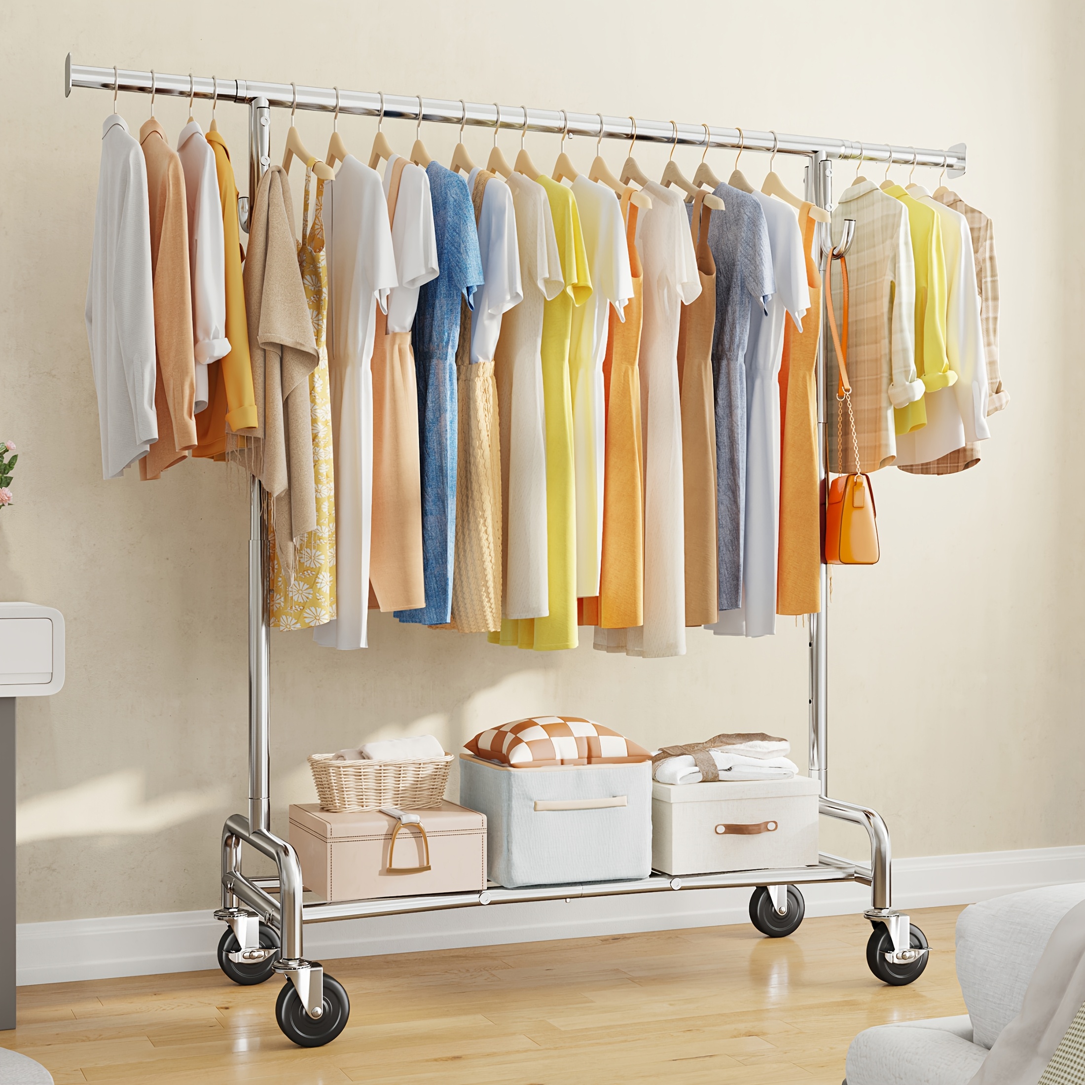 Image of Heavy Duty Clothes Rack Load 150 Kg, Metal Garment Storage, Lockable Wheels And Anti-slip Stoppers, Rolling Clothing Rack For Bedroom Laundry Room