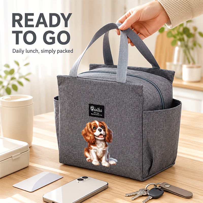 TEMU 1pc King Charles Spaniel Puppy Pattern Print Portable Thick Cooler Box Lunch Bag Tote Women's Food Storage Bag Portable Large Capacity Tote Bag