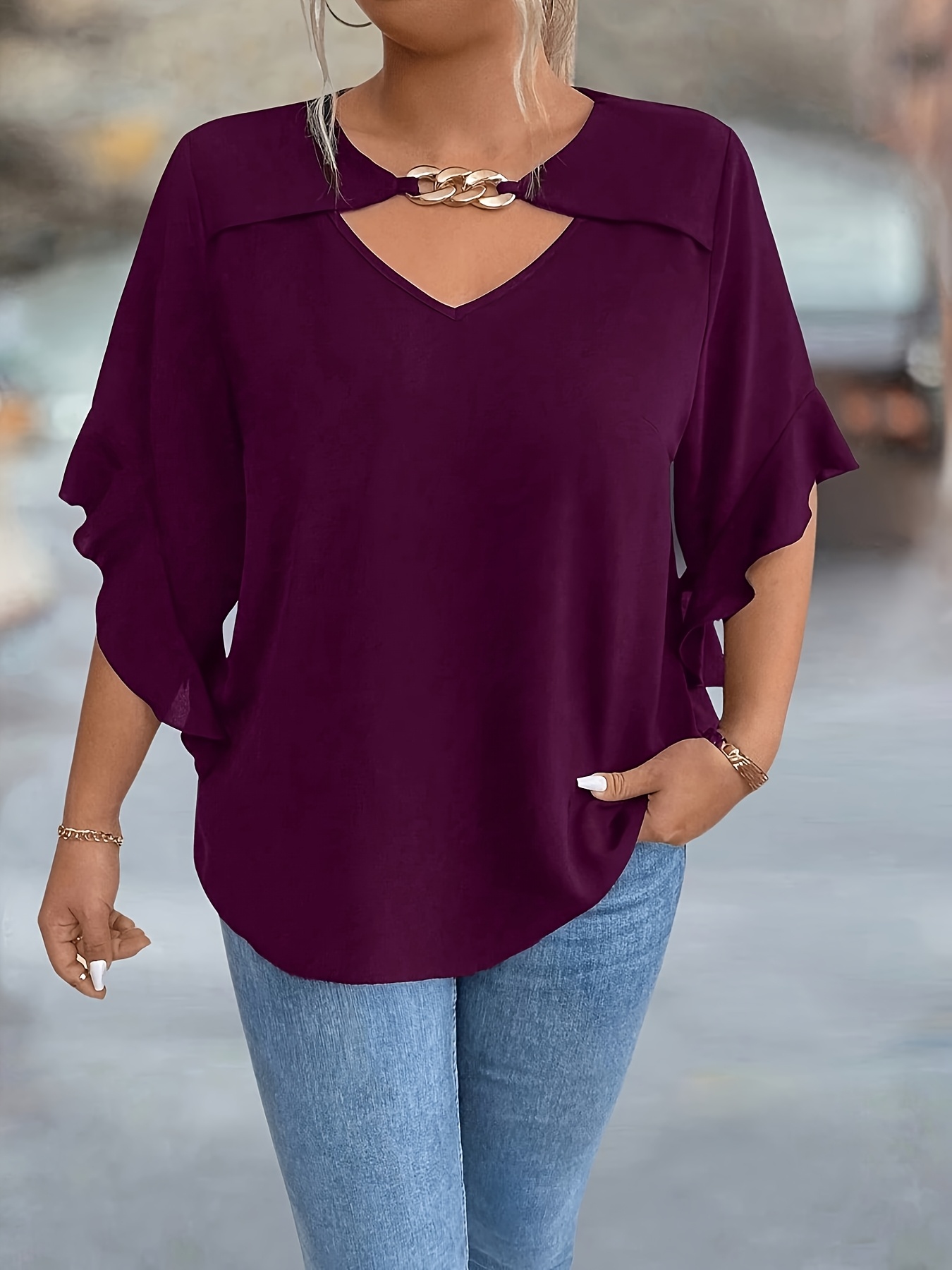 Women'S Plus Size V-Neck Blouse - Soft Pink, Ruffled Sleeves, Casual Summer Top with Golden Chain Detail, Casual Wear|Ruffled Sleeve Top|Vneckline Top