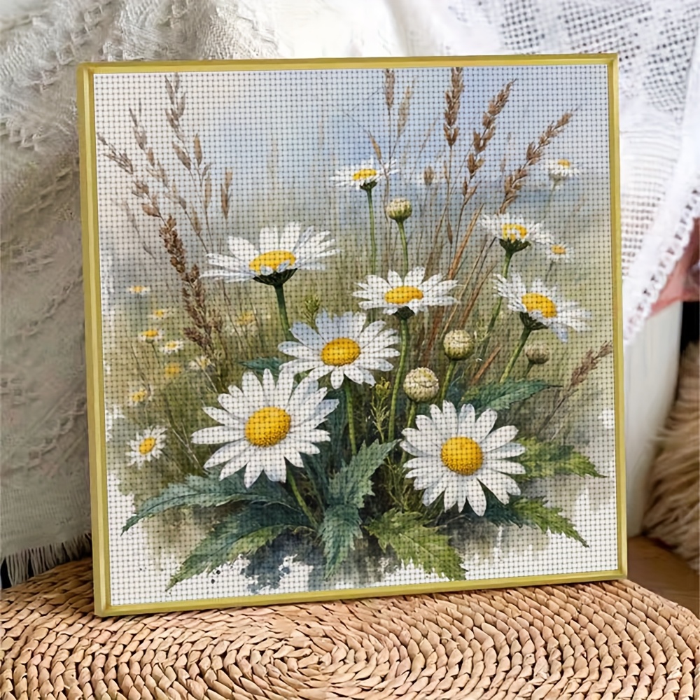 11CT Frameless Cross Stitch Kit, Watercolor Daisies & Grasses