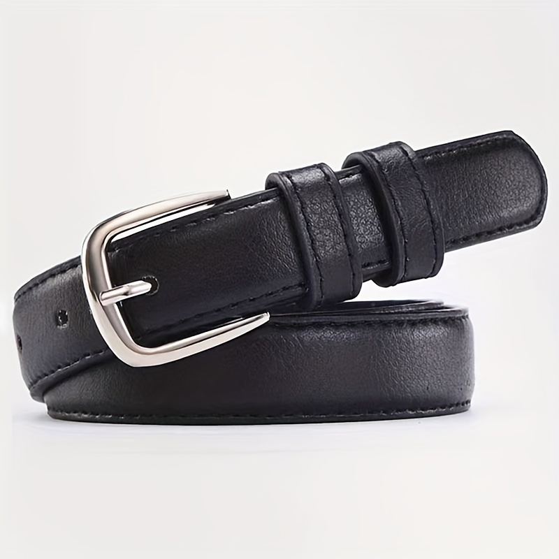 

Silvery Pin Buckle Belt Black Leather Waistband Casual Business Style Jeans Pants Belt For Women