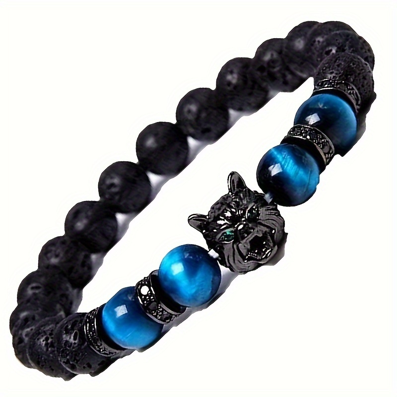 TEMU 1pc Wolf Head Men's Bracelet Natural Stone Bracelets Eye Handmade Bracelet Beads Bracelet Fashion Jewelry