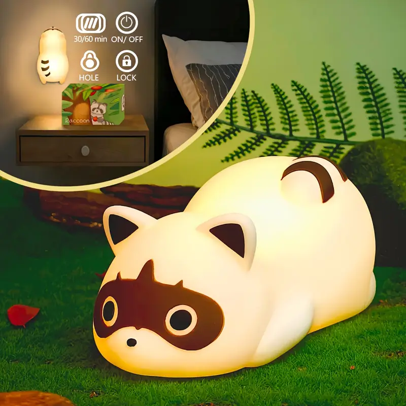 night light for kids raccoon cute led lamp bedside lamp baby nursery bedroom dimmable rechargable touch control table desk lamp cool stuff fun kawaii room decor aesthetic novelty accessories gift for women home decor easter gift Product details 3