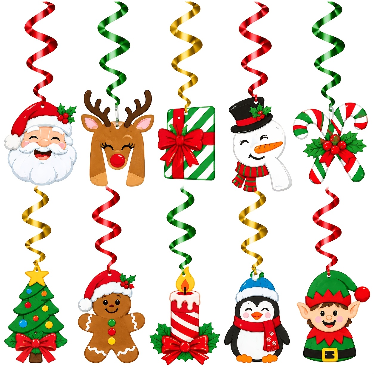 TEMU 10pcs Christmas Holiday Party Spiral Hanging Ornaments, Snowman Gingerbread For Man Penguin Cartoon Pattern Ceiling Hanging Decorations For