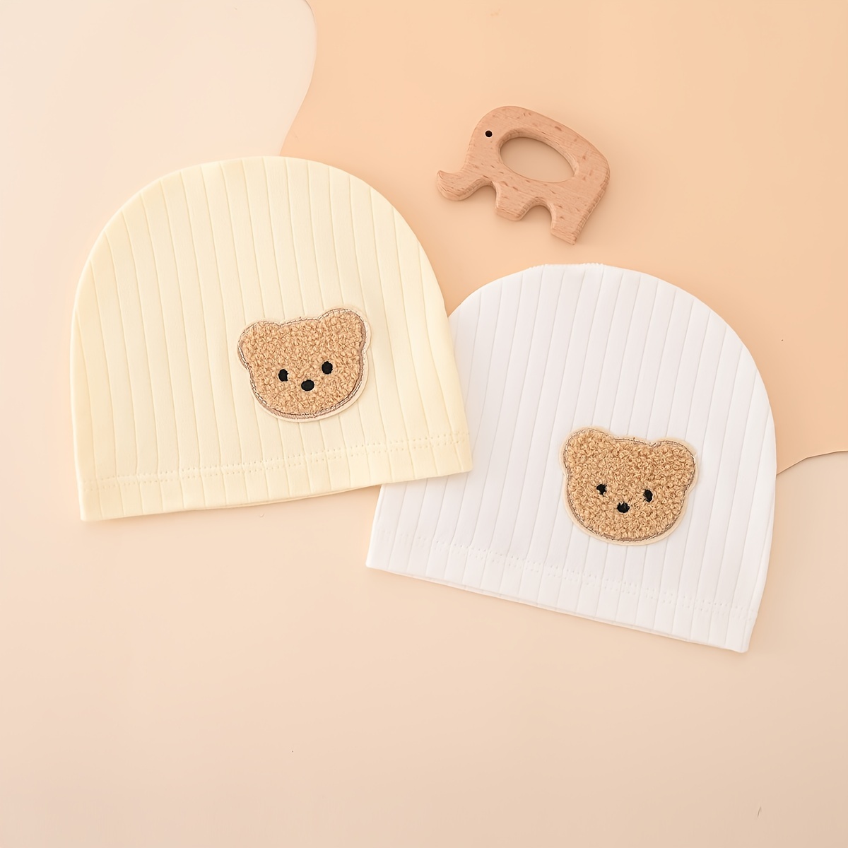 

2pcs Newborn Baby Adorable Bear Patch Hats, All-season Comfort Cotton Caps, Fits 0-3 Months