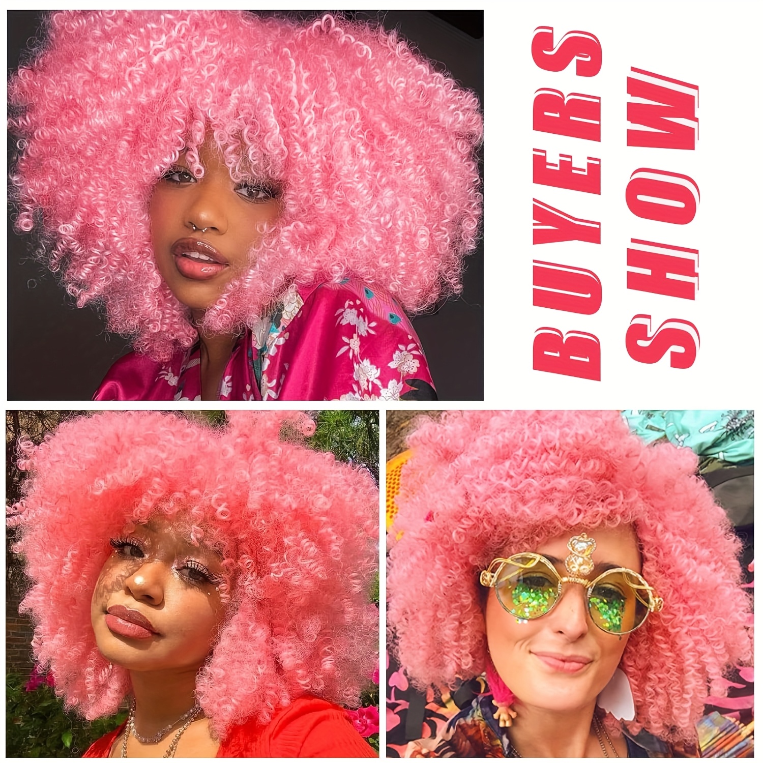 vivid pink wig bangs women short loose wave heat Temu